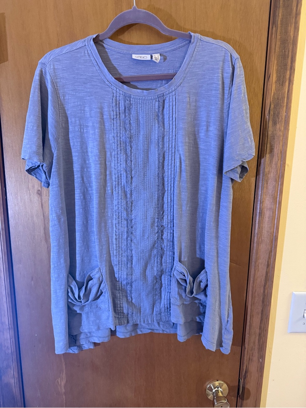 LOGO by Lori Goldstein Blue Short-Sleeve Pintuck Knit Top with Rosette Pockets